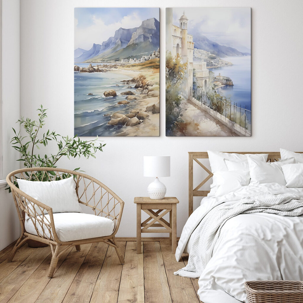 Watercolor painting of a city and a beach Watercolor painting of a city and a beach