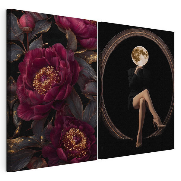 Modularer Leinwanddruck Collage einer Frau, die auf einer Blume sitzt