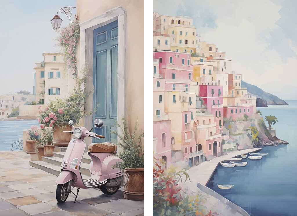 Painting of a pink scooter parked next to a pink building Painting of a pink scooter parked next to a pink building
