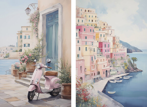 Painting of a pink scooter parked next to a pink building Painting of a pink scooter parked next to a pink building