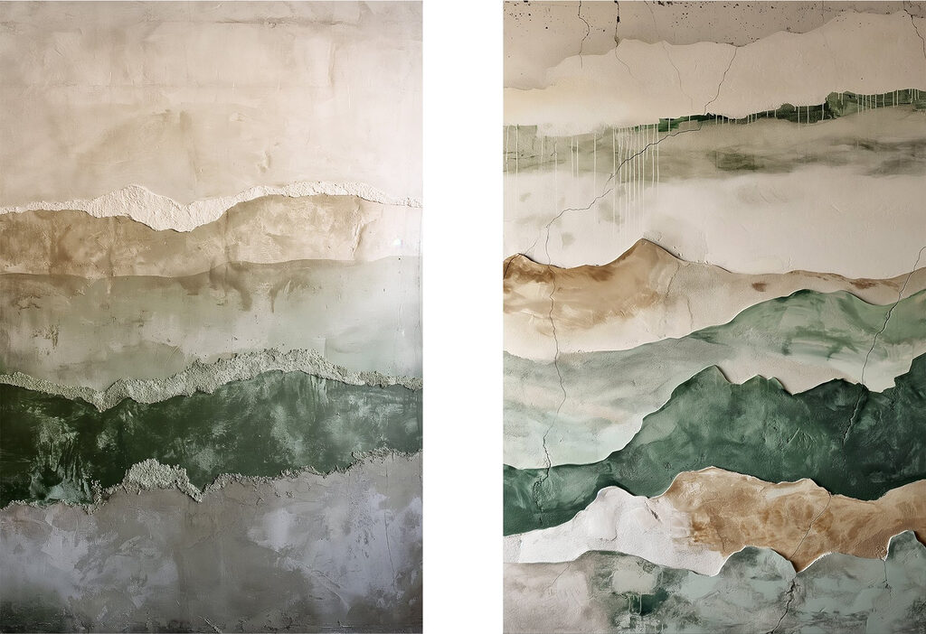 Painting of mountains and a crack in the wall