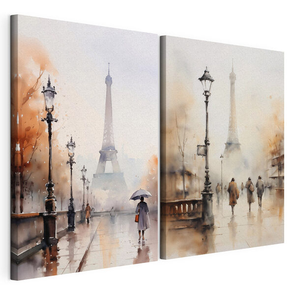 Aquarellbild einer Stadtstraße und einer Frau, die mit einem Regenschirm spazieren geht Modularer Leinwanddruck Aquarellbild einer Stadtstraße und einer Frau, die mit einem Regenschirm spazieren geht