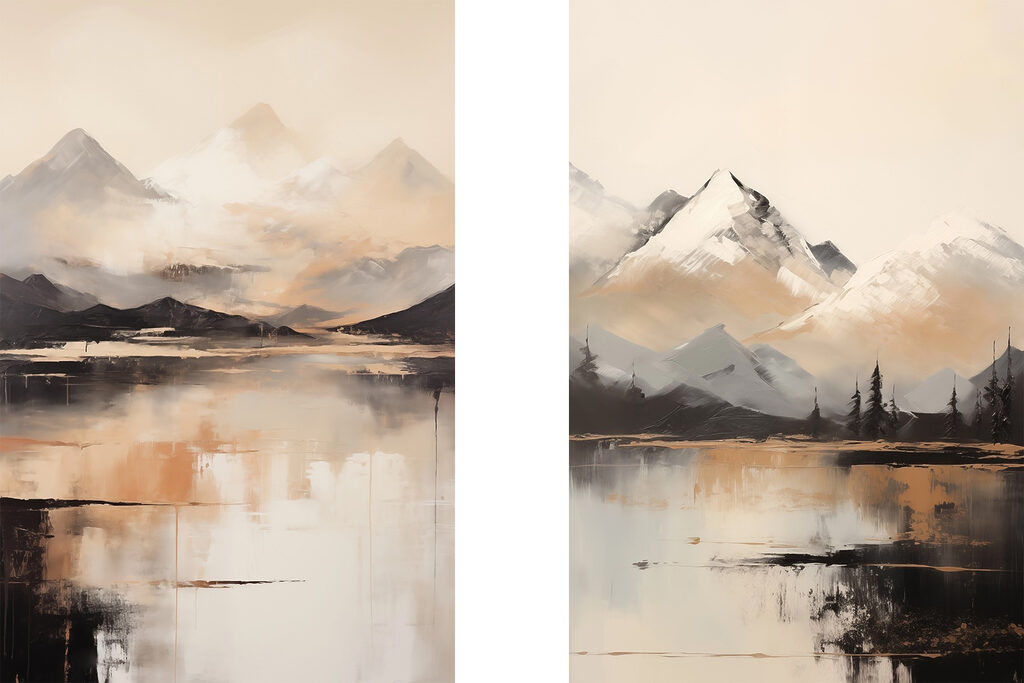 Painting of mountains and a lake