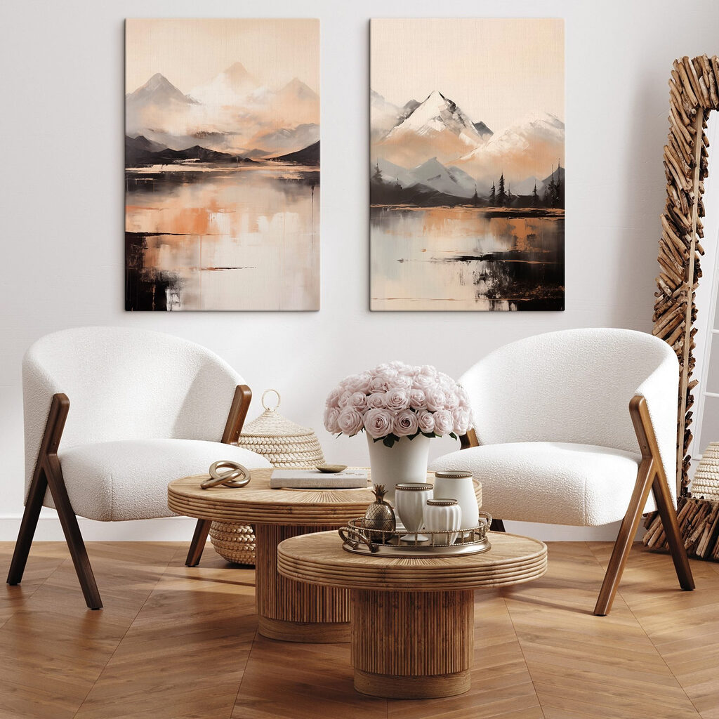 Painting of mountains and a lake