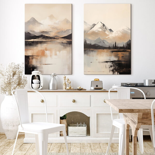 Painting of mountains and a lake