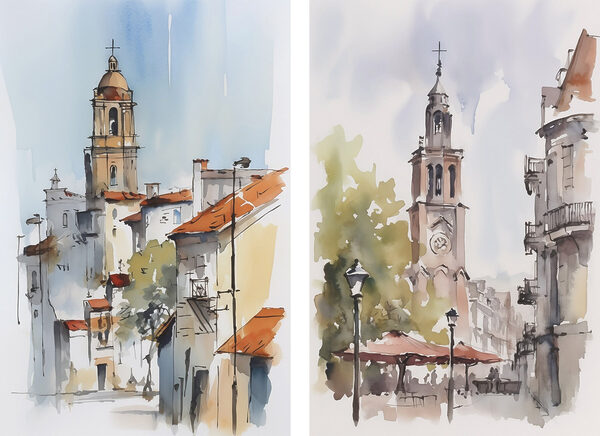 Watercolor of a church and a building Watercolor of a church and a building