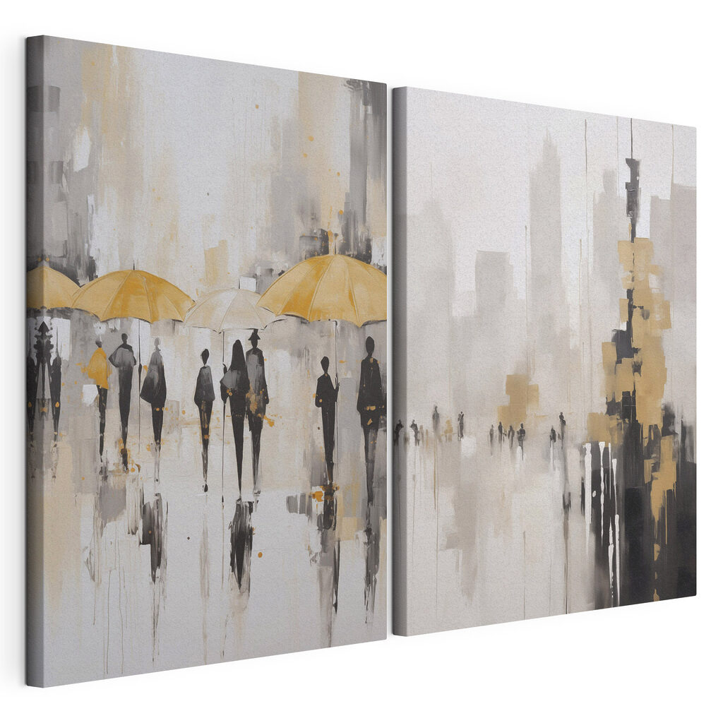 Painting of people walking with umbrellas Painting of people walking with umbrellas