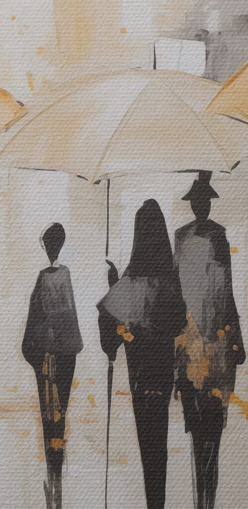 Painting of people walking with umbrellas Painting of people walking with umbrellas