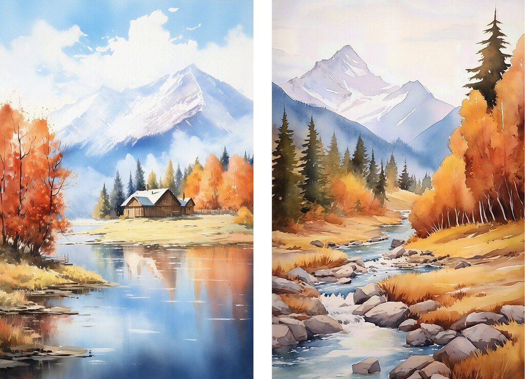 Watercolor painting of a house and a river Watercolor painting of a house and a river