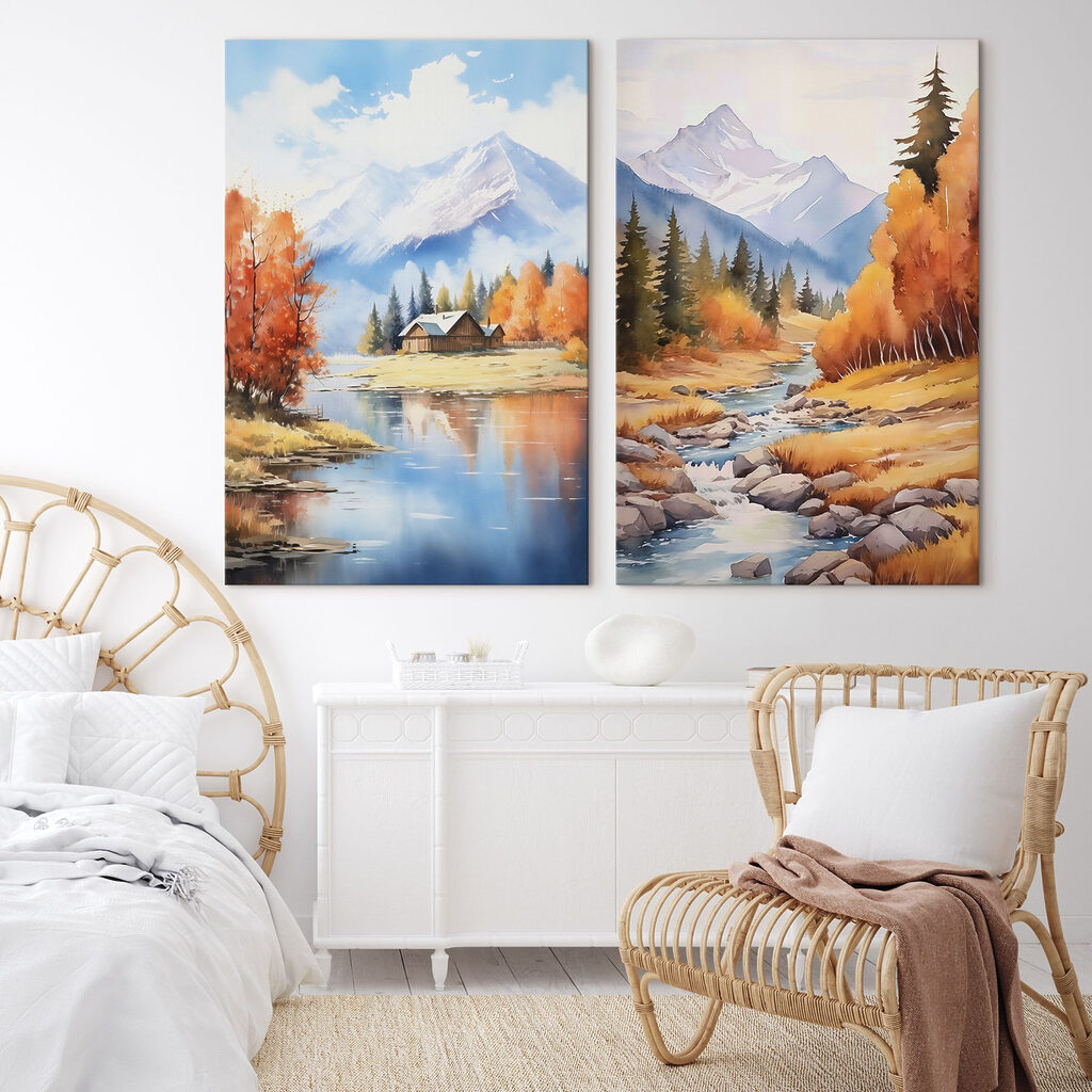 Watercolor painting of a house and a river Watercolor painting of a house and a river