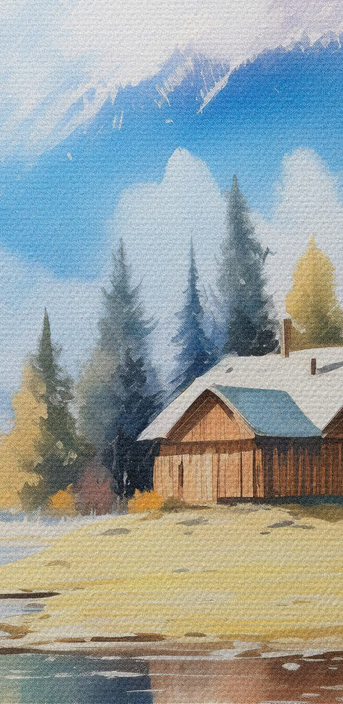Watercolor painting of a house and a river Watercolor painting of a house and a river
