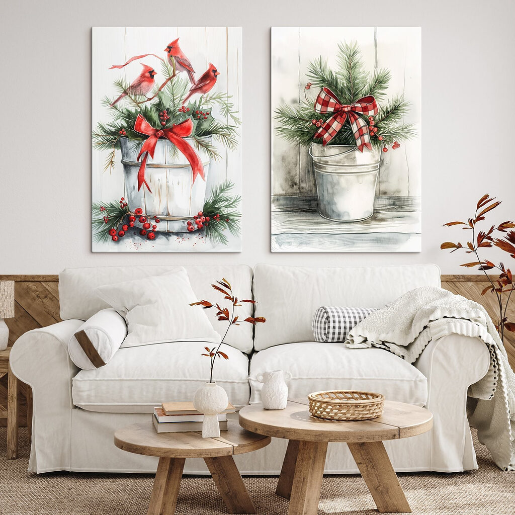 Two watercolor paintings of birds and a bucket of plants Two watercolor paintings of birds and a bucket of plants