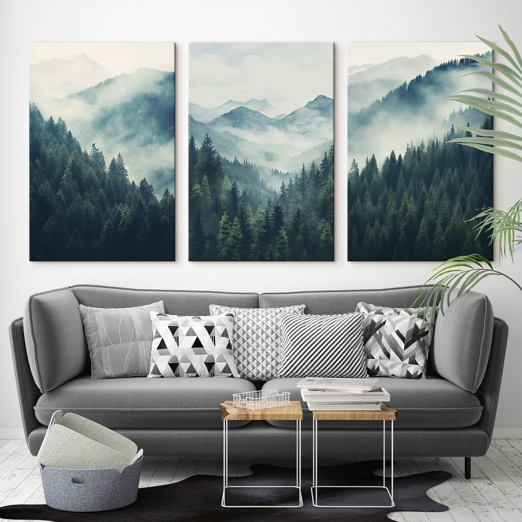 Group of mountains with trees and fog Group of mountains with trees and fog