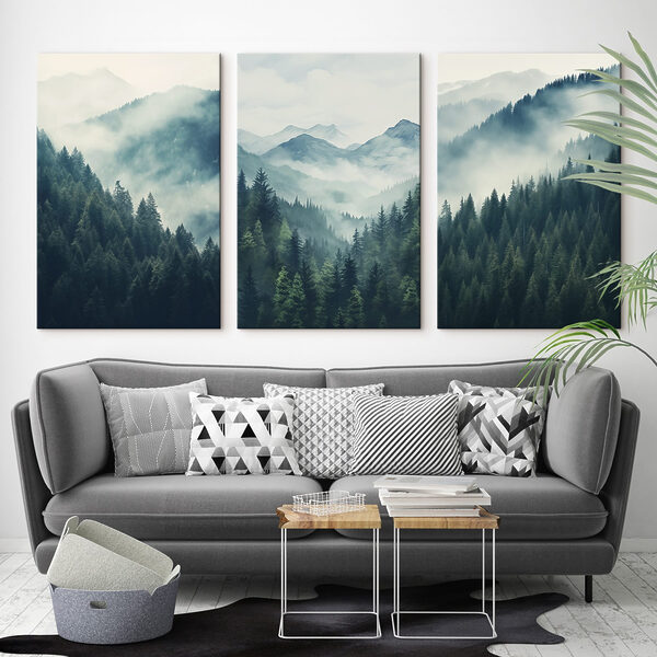 Group of mountains with trees and fog Group of mountains with trees and fog