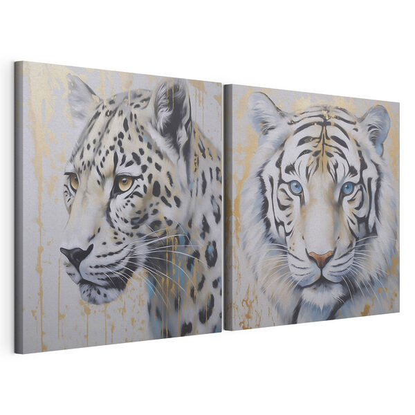 Zwei Gemälde mit Tigern und Leoparden Modularer Leinwanddruck Zwei Gemälde mit Tigern und Leoparden
