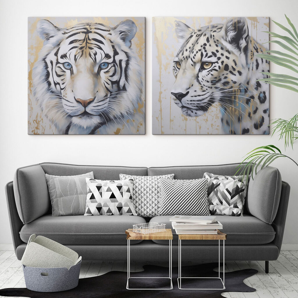 Two paintings of tigers and leopards Two paintings of tigers and leopards