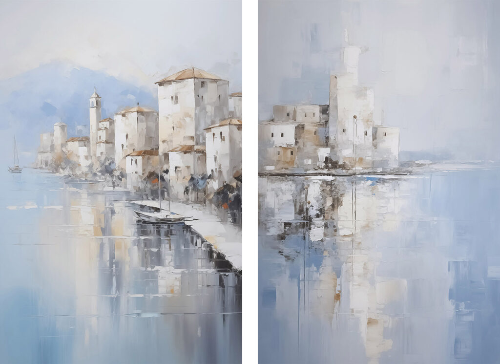 Painting of a city and a body of water Painting of a city and a body of water