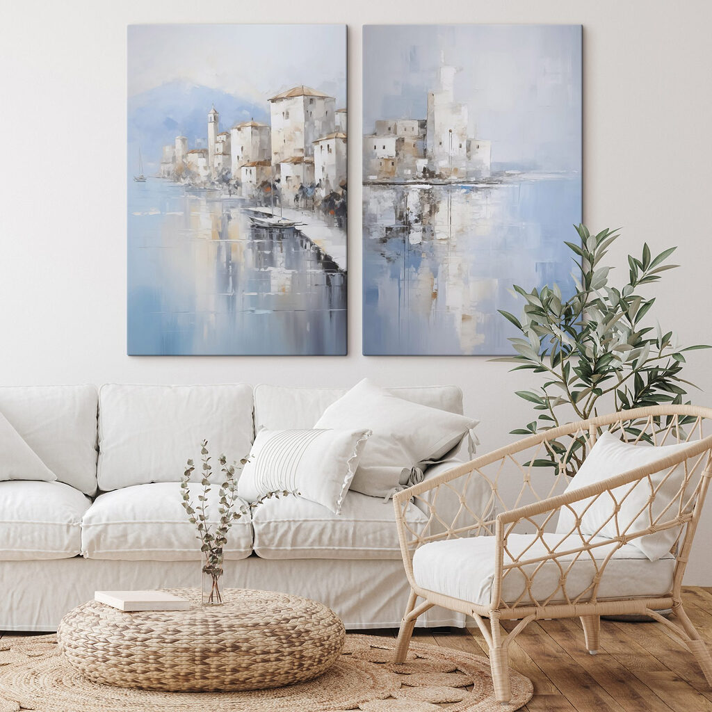 Painting of a city and a body of water Painting of a city and a body of water