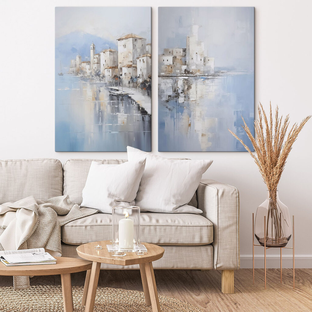 Painting of a city and a body of water Painting of a city and a body of water