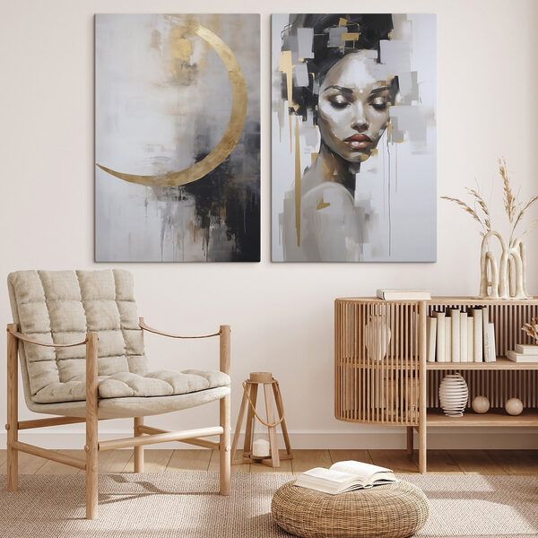 Painting of a woman and a painting of a moon Painting of a woman and a painting of a moon