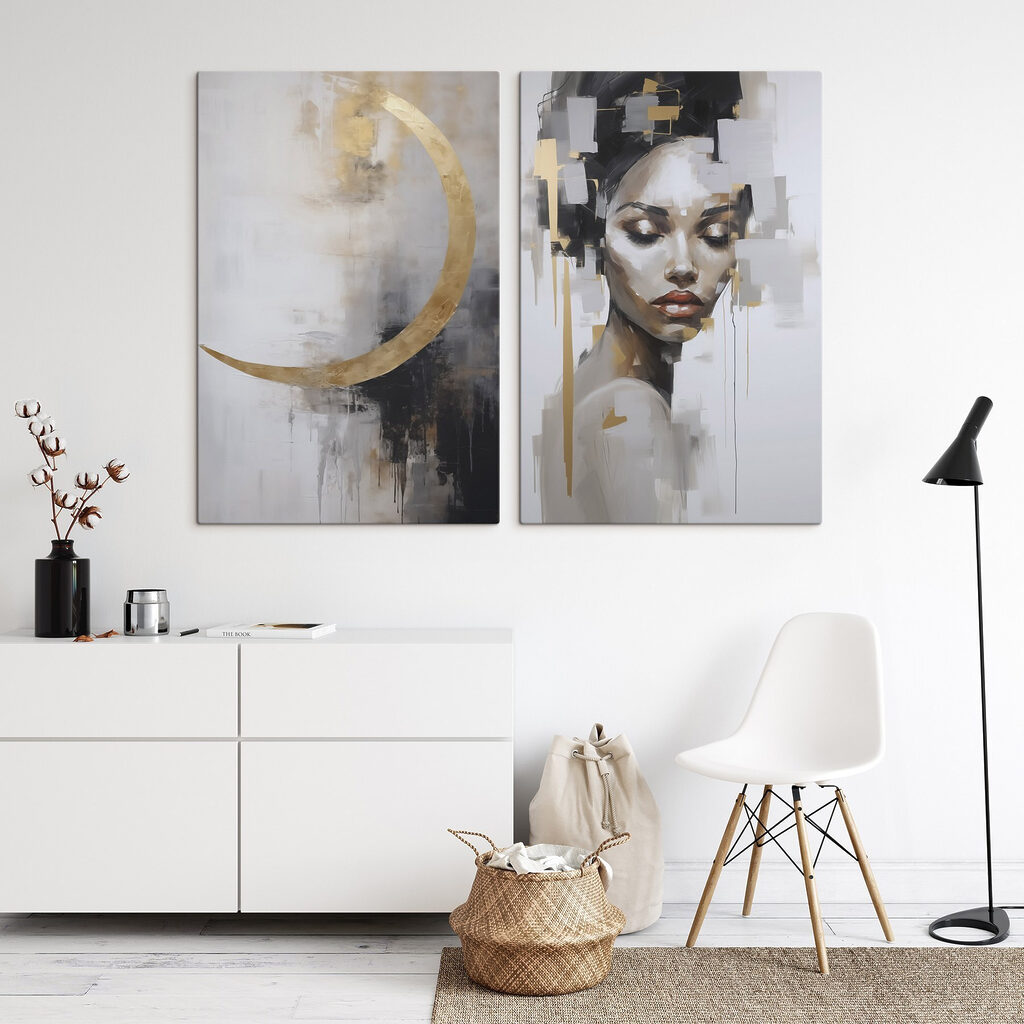 Painting of a woman and a painting of a moon Painting of a woman and a painting of a moon