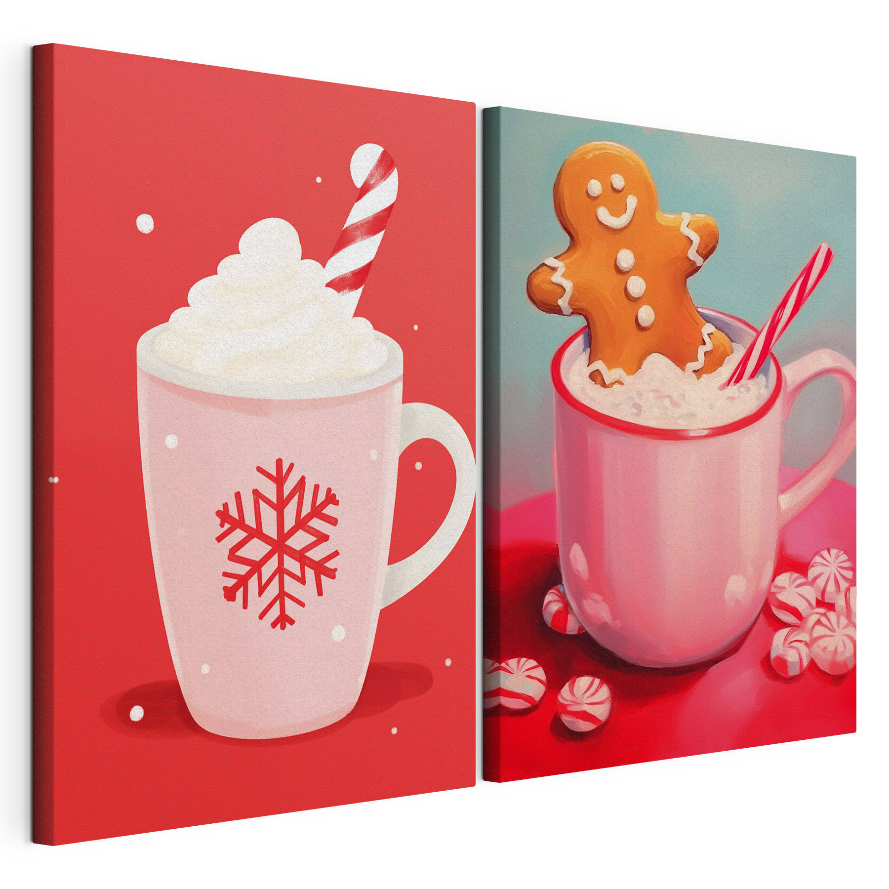 Couple mugs of hot chocolate and a gingerbread man
