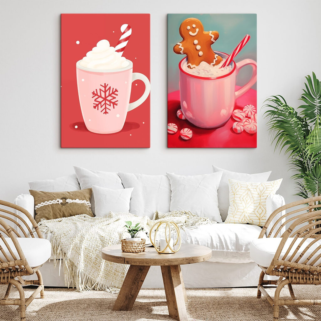 Couple mugs of hot chocolate and a gingerbread man