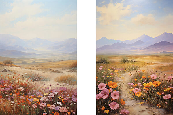 Painting of a landscape with flowers Painting of a landscape with flowers