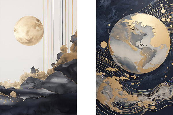 Two paintings of the moon and the moon Two paintings of the moon and the moon