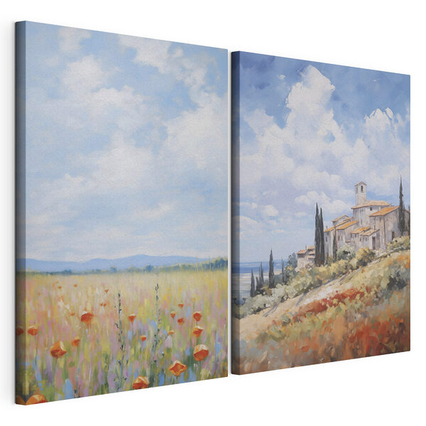 Gemälde einer Landschaft mit einem Gebäude und einem Blumenfeld Modularer Leinwanddruck Gemälde einer Landschaft mit einem Gebäude und einem Blumenfeld