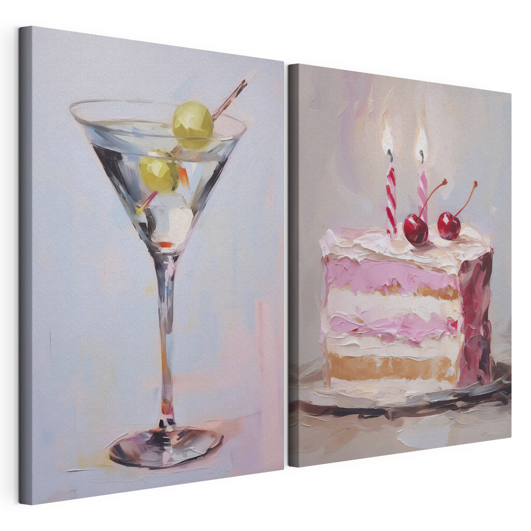 Painting of a cake and a martini glass with fruit on it Painting of a cake and a martini glass with fruit on it