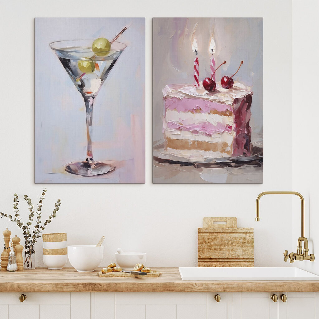 Painting of a cake and a martini glass with fruit on it Painting of a cake and a martini glass with fruit on it