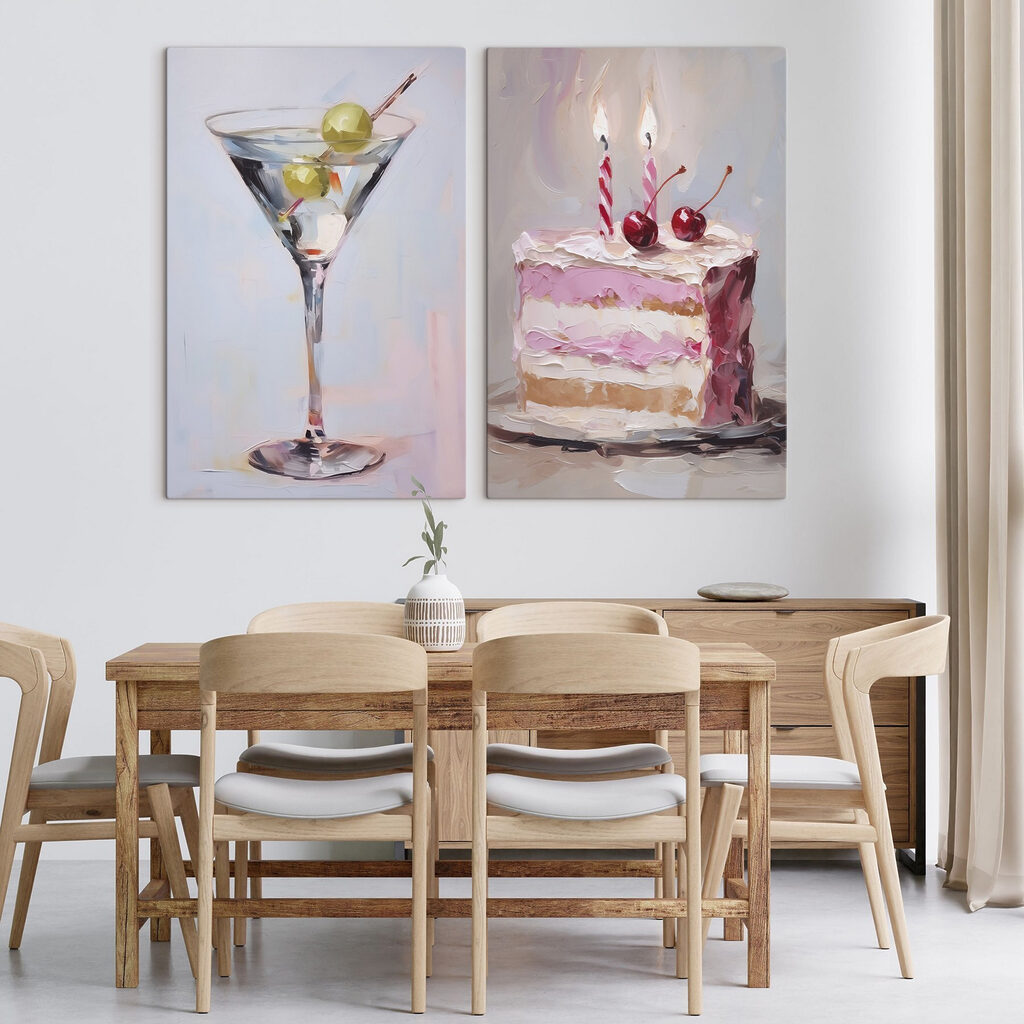 Painting of a cake and a martini glass with fruit on it Painting of a cake and a martini glass with fruit on it