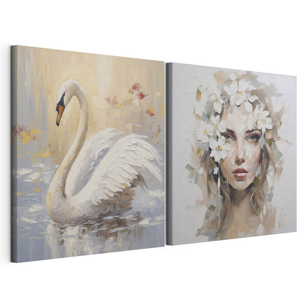 Gemälde einer Frau mit Blumen im Haar und einem Schwan Modularer Leinwanddruck Gemälde einer Frau mit Blumen im Haar und einem Schwan