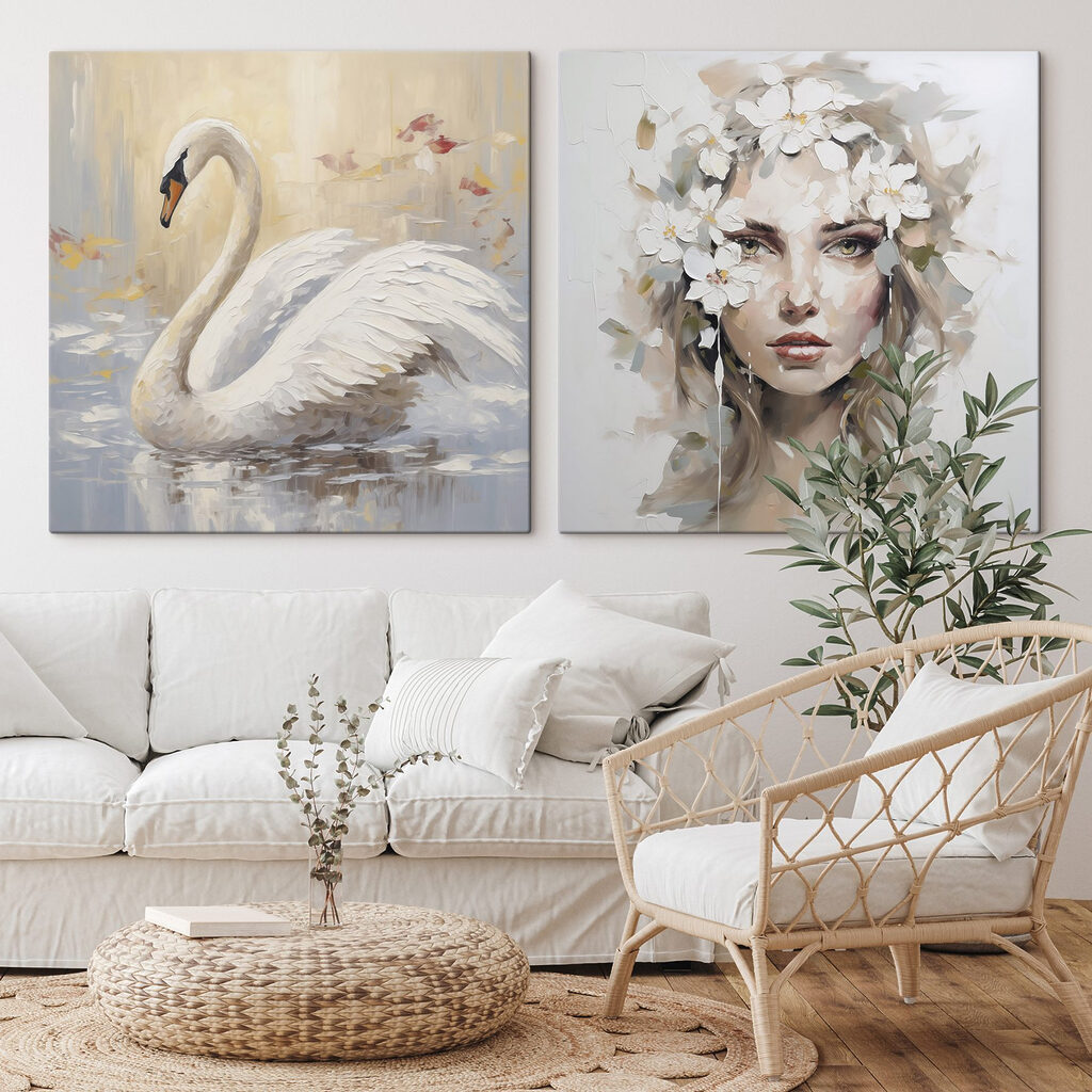 Painting of a woman with flowers in her hair and a swan Painting of a woman with flowers in her hair and a swan