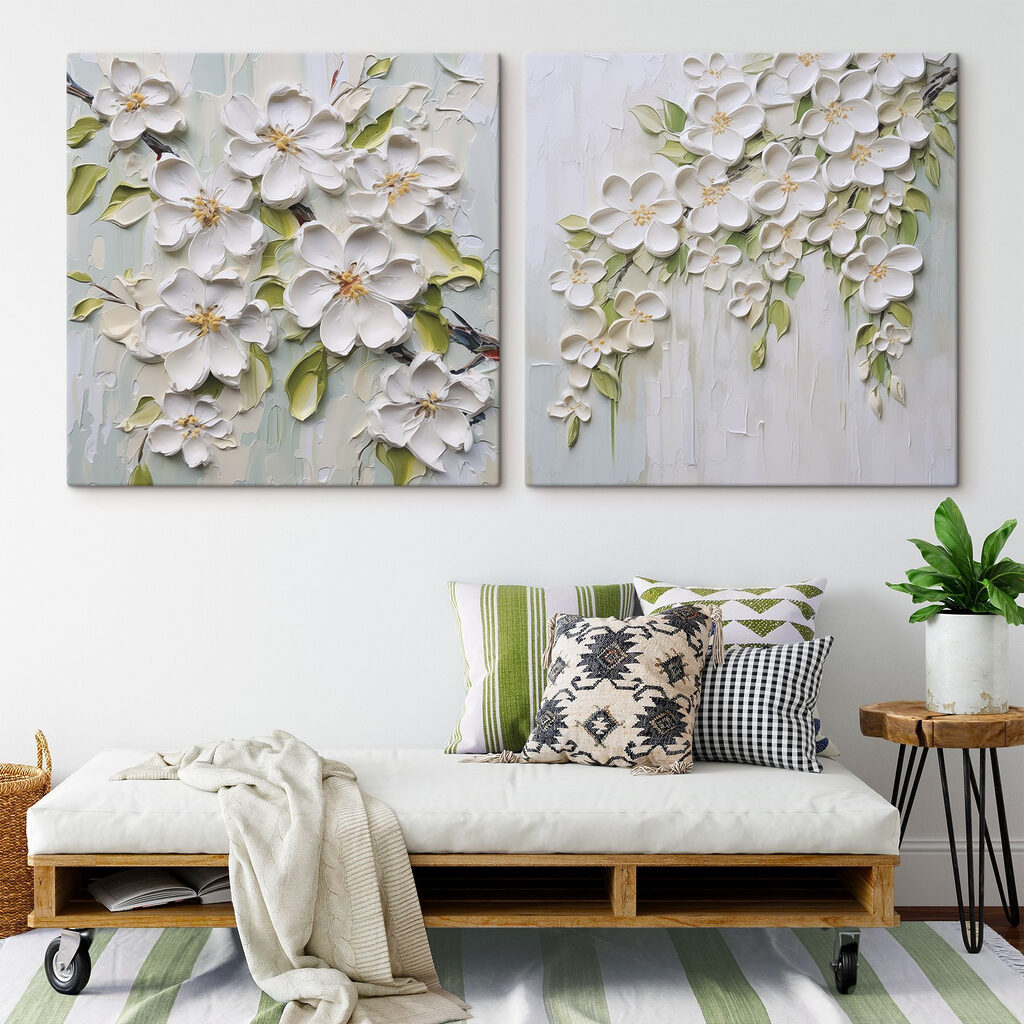 Painting of flowers on a white surface Painting of flowers on a white surface
