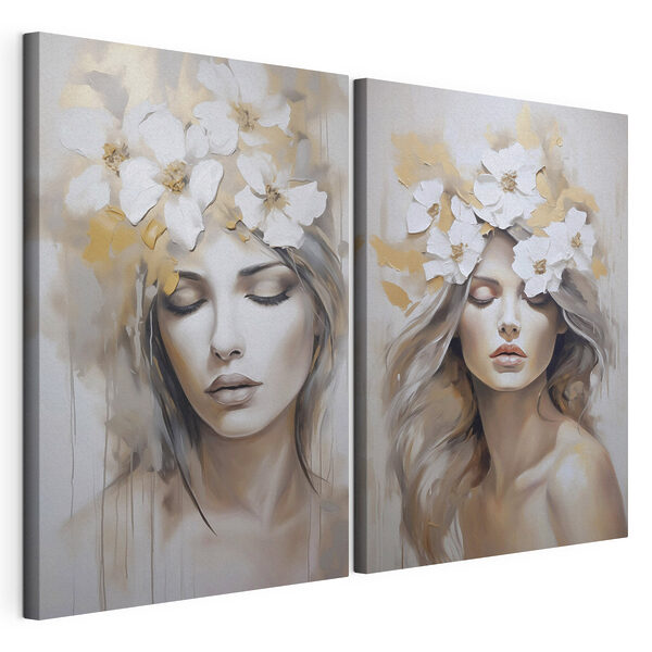 Gemälde einer Frau mit Blumen im Haar Modularer Leinwanddruck Gemälde einer Frau mit Blumen im Haar