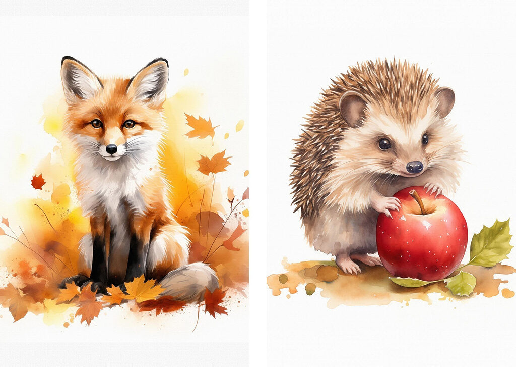 Fox and hedgehog holding an apple