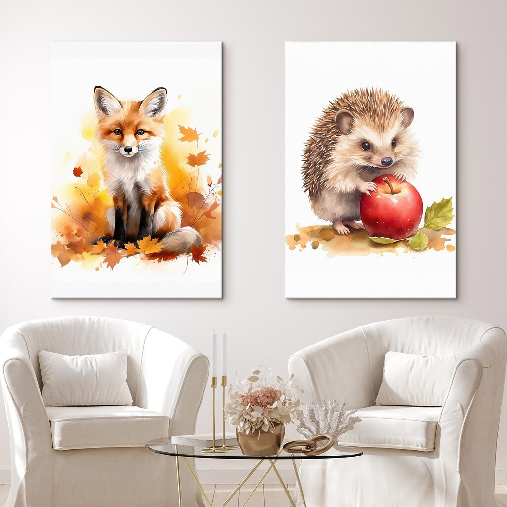 Fox and hedgehog holding an apple