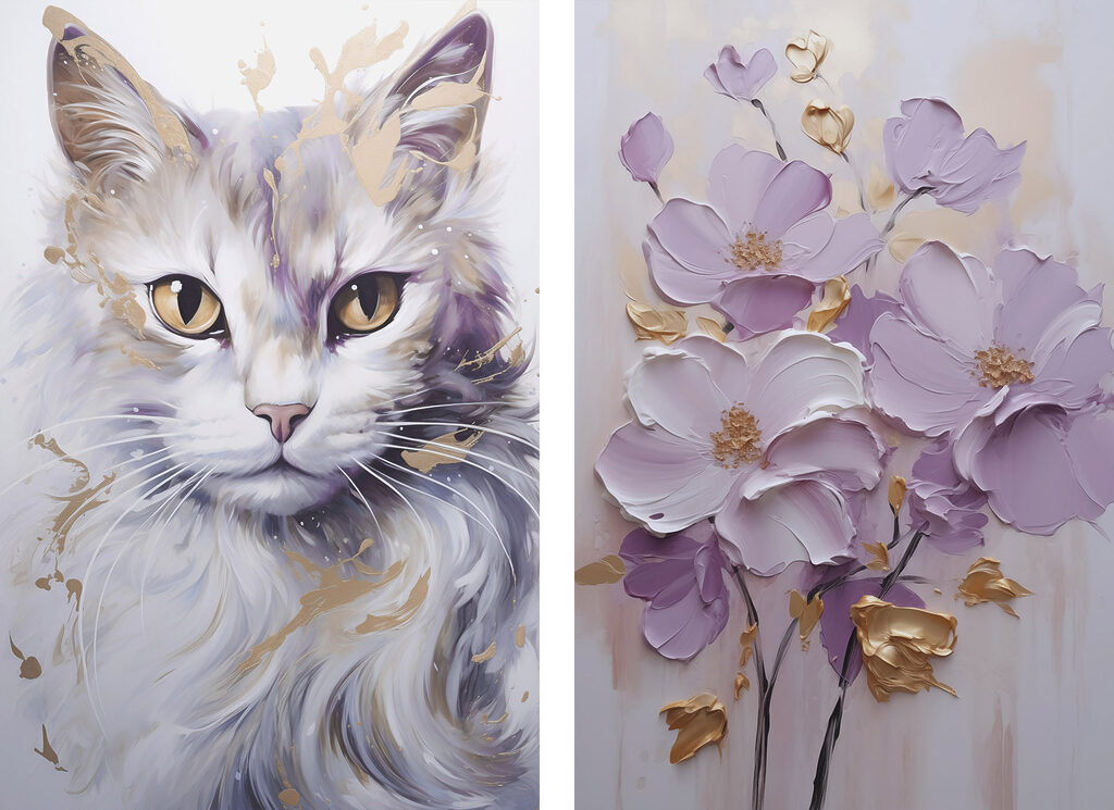 Painting of a cat and a painting of flowers Painting of a cat and a painting of flowers