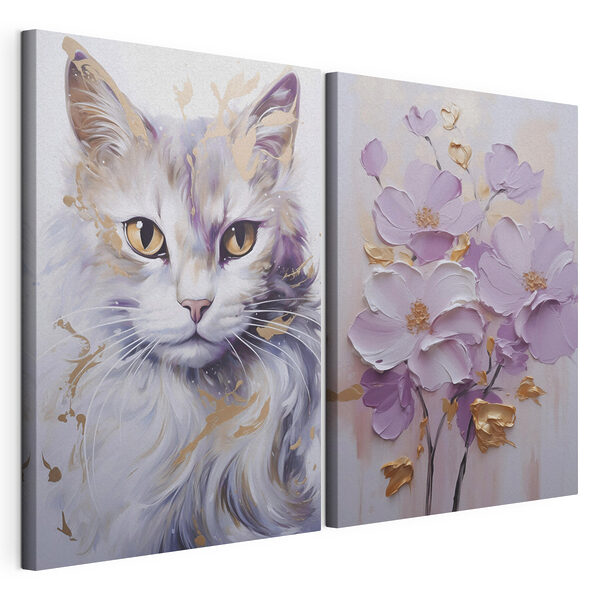Ein Gemälde mit einer Katze und ein Gemälde mit Blumen Modularer Leinwanddruck Ein Gemälde mit einer Katze und ein Gemälde mit Blumen