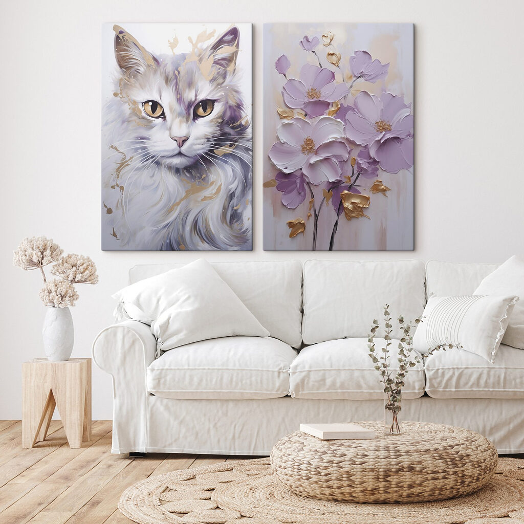 Painting of a cat and a painting of flowers Painting of a cat and a painting of flowers