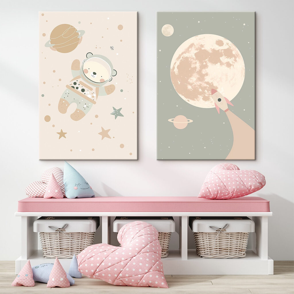 Two posters of a bear and a rocket in space Two posters of a bear and a rocket in space