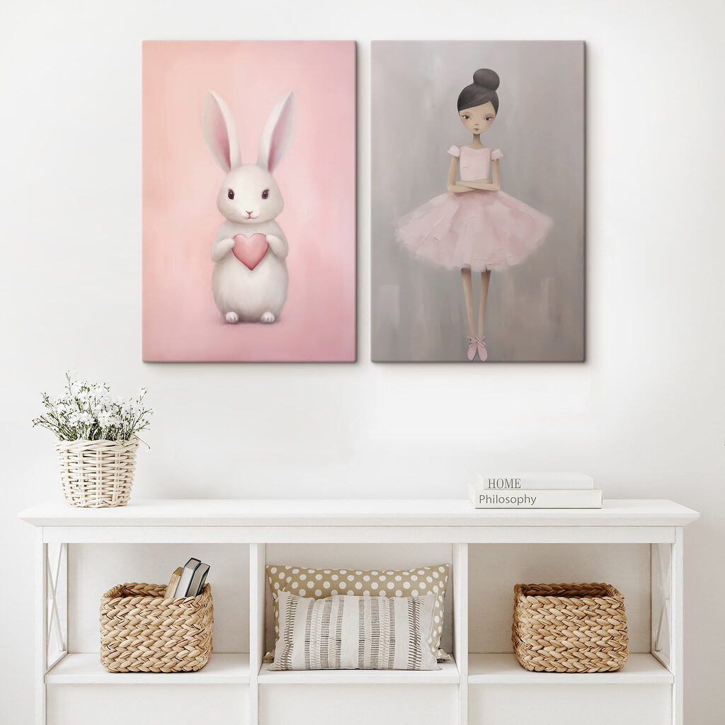 Two paintings of a girl and a rabbit Two paintings of a girl and a rabbit