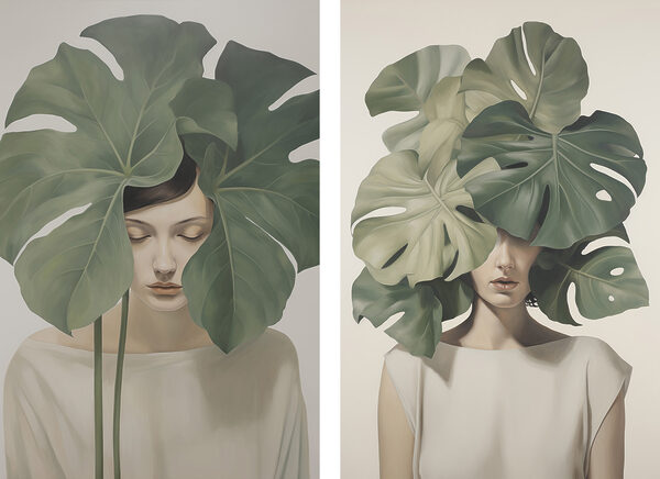 Two images of a woman with leaves on her head Two images of a woman with leaves on her head