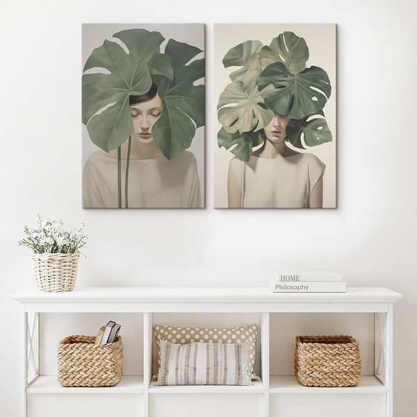 Two images of a woman with leaves on her head Two images of a woman with leaves on her head