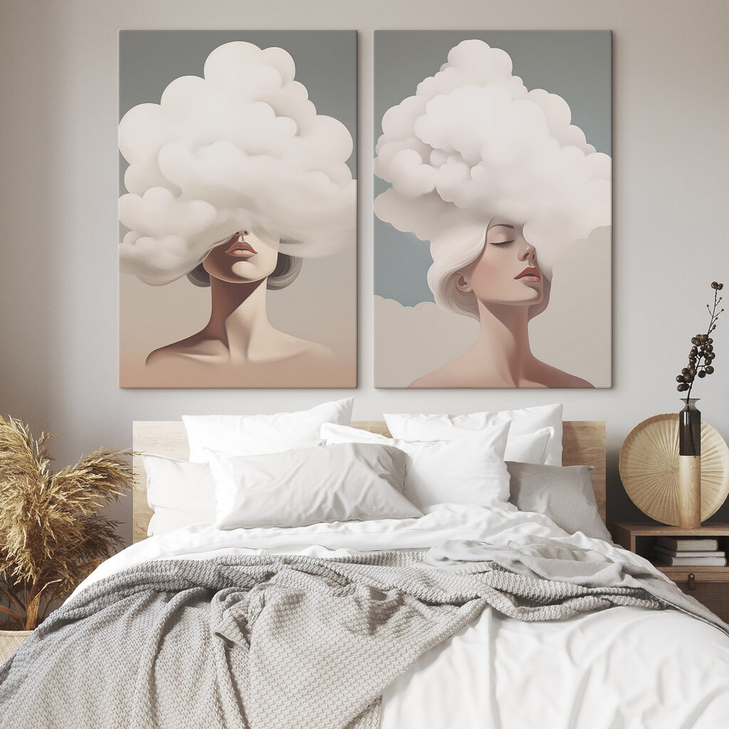 Woman with white hair and clouds on her head Woman with white hair and clouds on her head