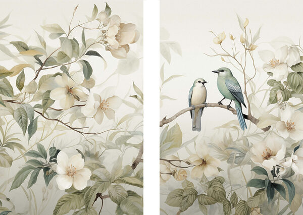 Two birds on a branch with flowers Two birds on a branch with flowers