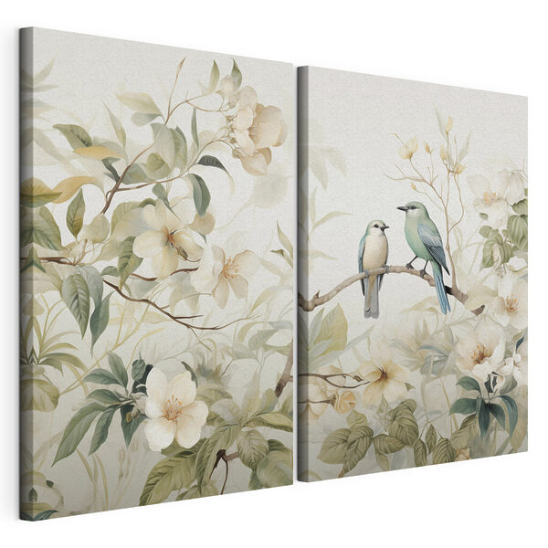 Modularer Leinwanddruck Zwei Vögel auf einem Ast mit Blumen