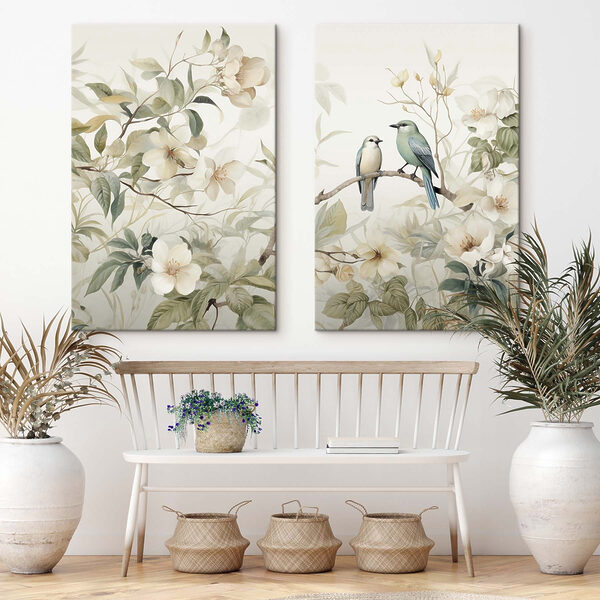 Two birds on a branch with flowers Two birds on a branch with flowers